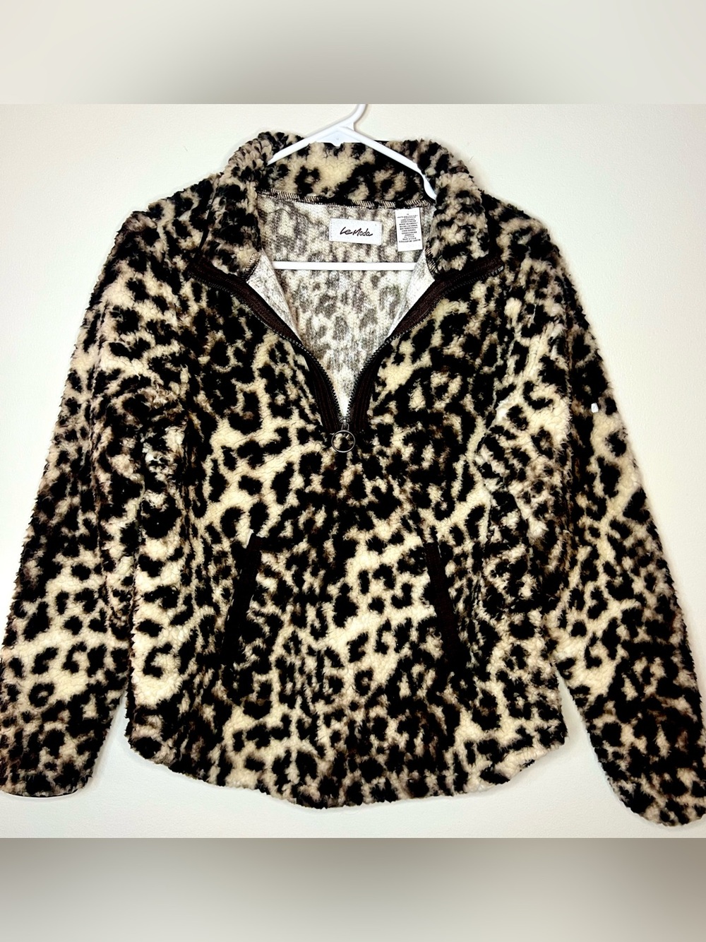 Le Moda Leopard Print Sherpa Quarter Zip Fleece Pullover Jacket Small